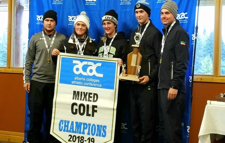 The RDC Mixed Golf team (l-r Logan Hill, Shaye Leidenius, Chloe Sies, Chase Broderson, Darin Bertschi) captured gold at the ACAC championships.