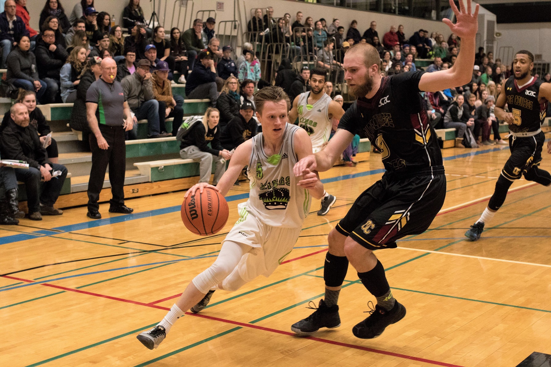 Cody White (5) played 21 minutes Saturday against the Olds College Broncos.