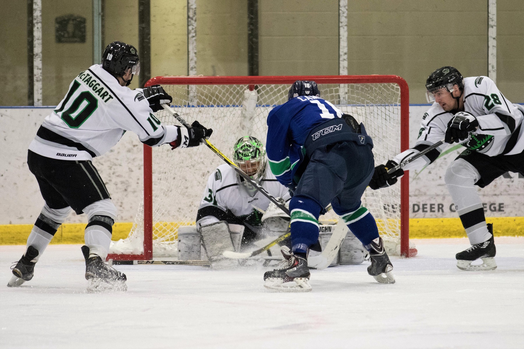 Mike Salmon (31) turned aside 17 shots and picked up the win in net Friday against Portage College.  Photo - Tony Hansen